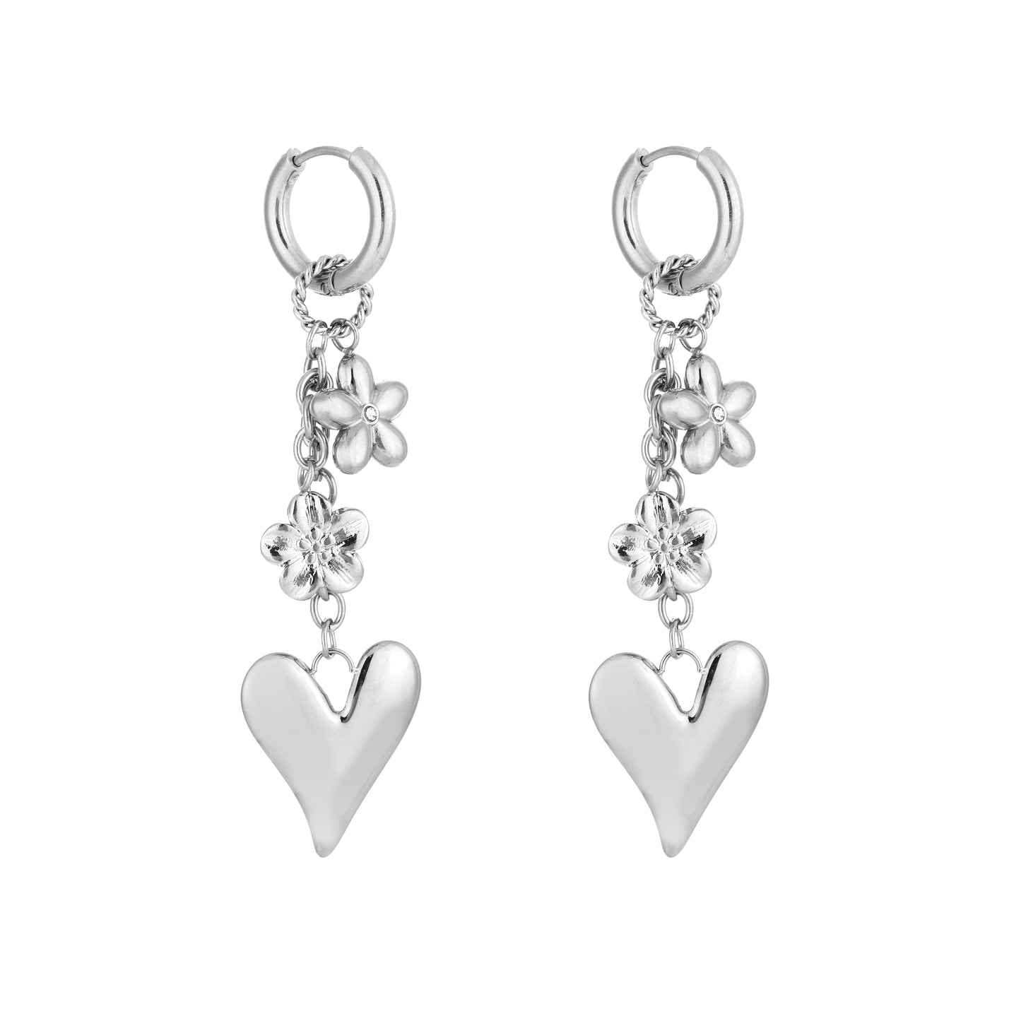 Oorbellen hart en bloem stainless steel