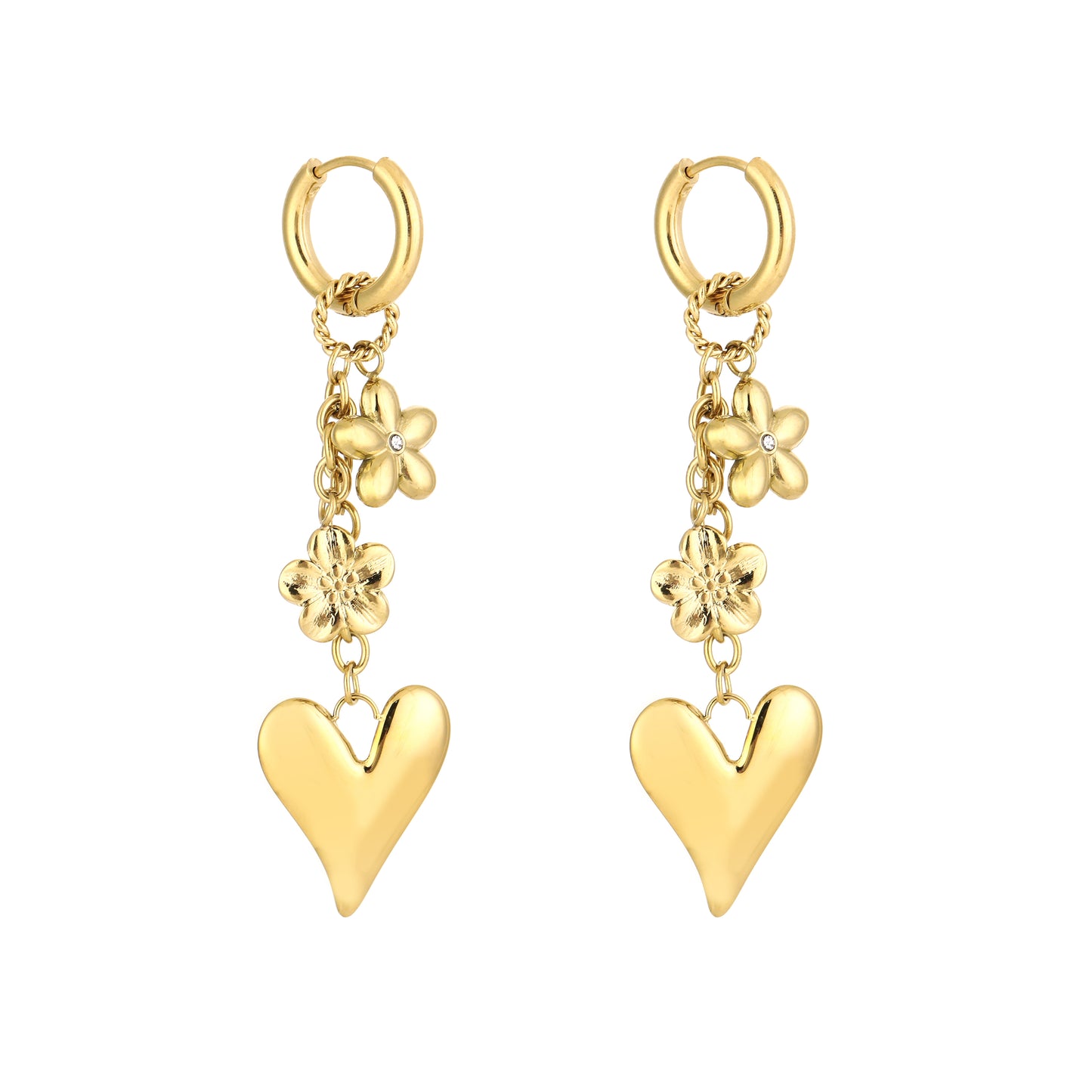 Oorbellen hart en bloem stainless steel