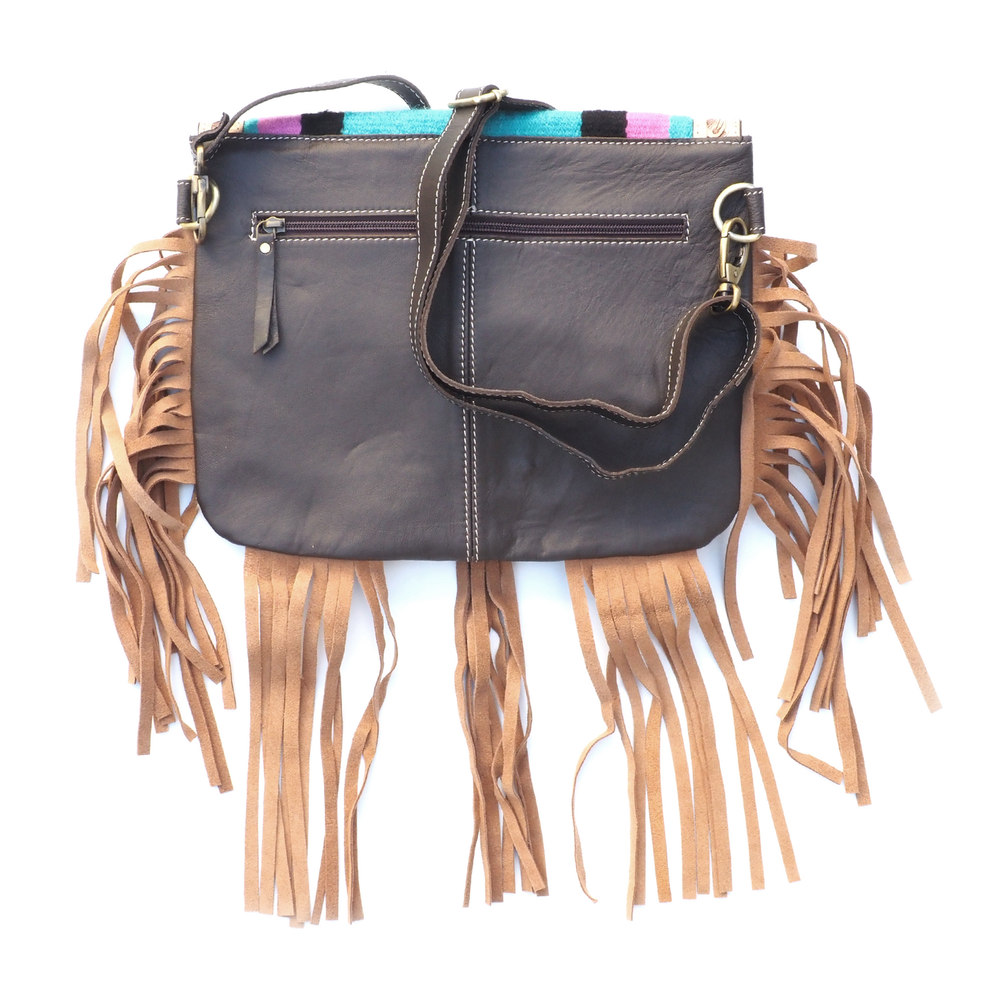 Unieke Ibiza/boho crossbody tas met hand bewerkt leer, franjes en gekleurde stof