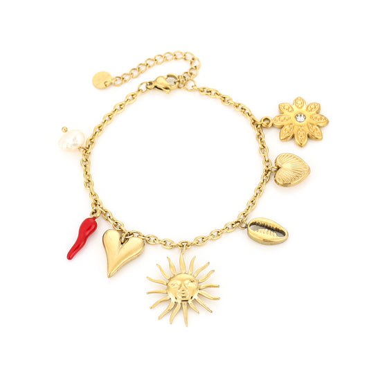 Bedelarmbandje goud/rood stainless steel