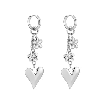 Oorbellen hart en bloem stainless steel