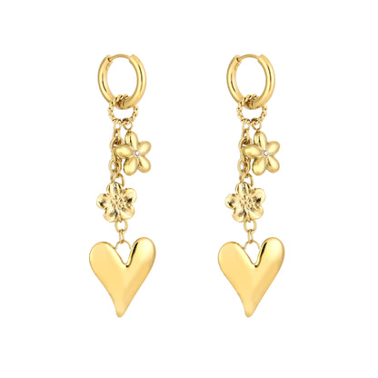 Oorbellen hart en bloem stainless steel