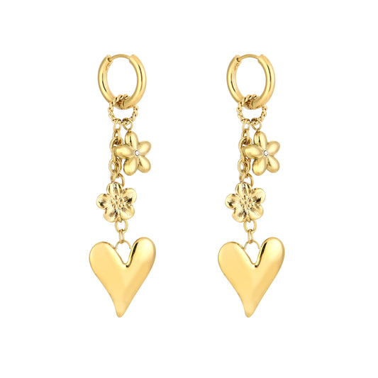 Oorbellen hart en bloem stainless steel