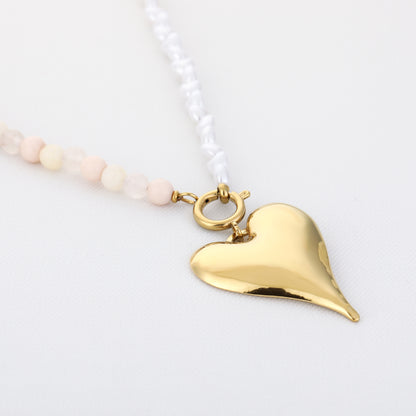 Ketting met kralen en hart stainless steel
