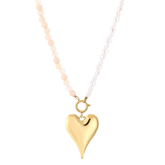 Ketting met kralen en hart stainless steel
