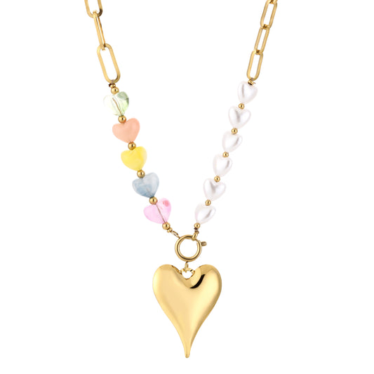 Ketting in goudkleur/multicolor kralen stainless steel