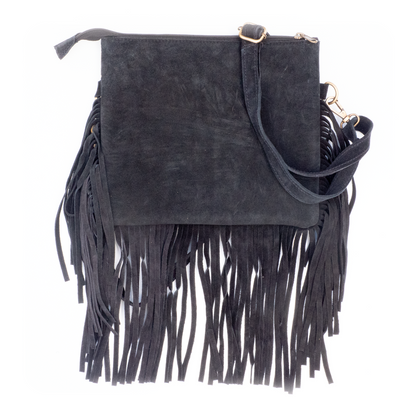 Crossbody schoudertas met patchwork koeienhuid en franjes