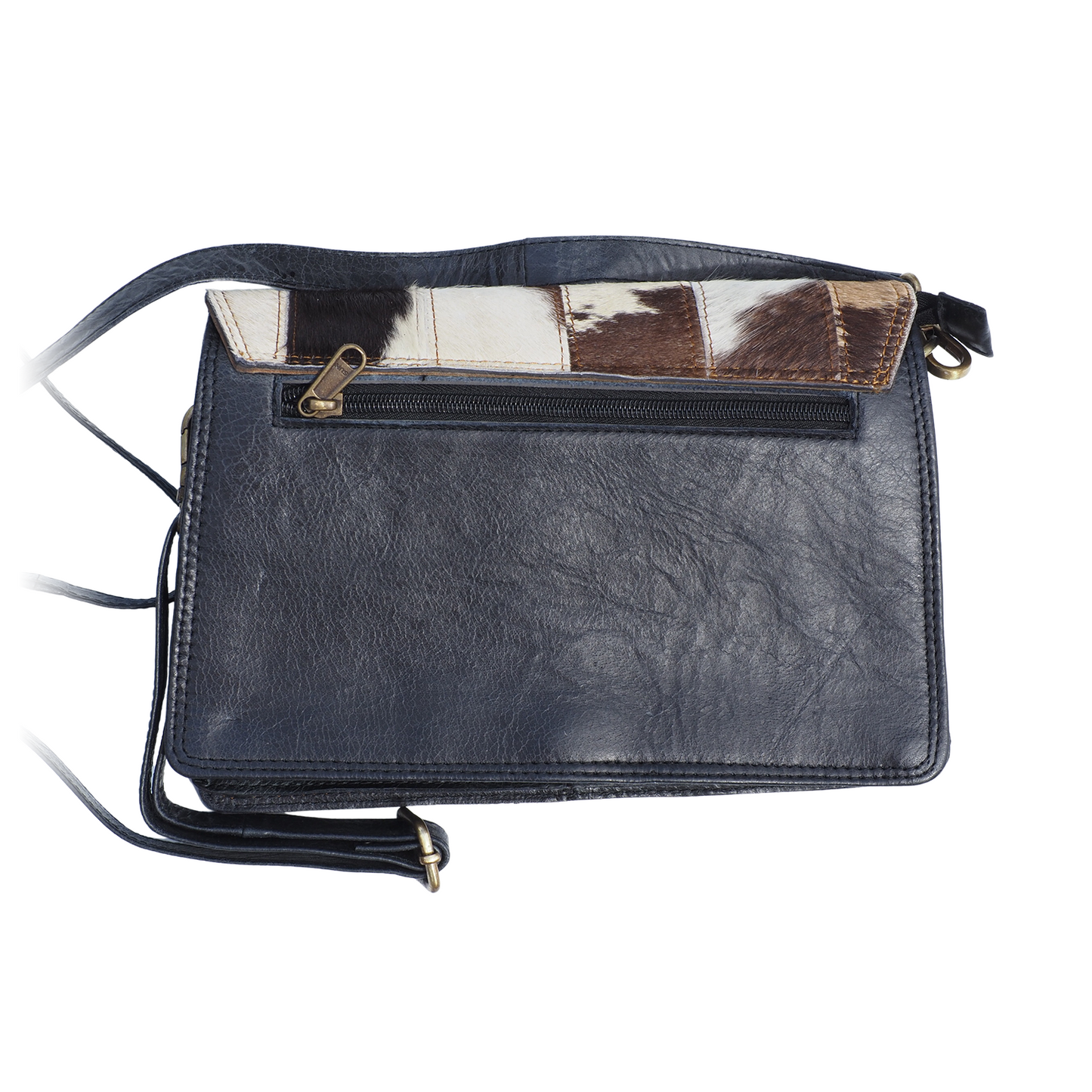 Lederen damestas met koeienhuid patchwork