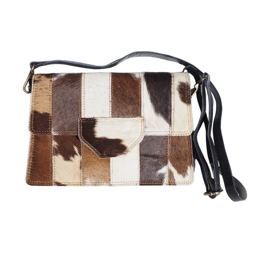 Lederen damestas met koeienhuid patchwork